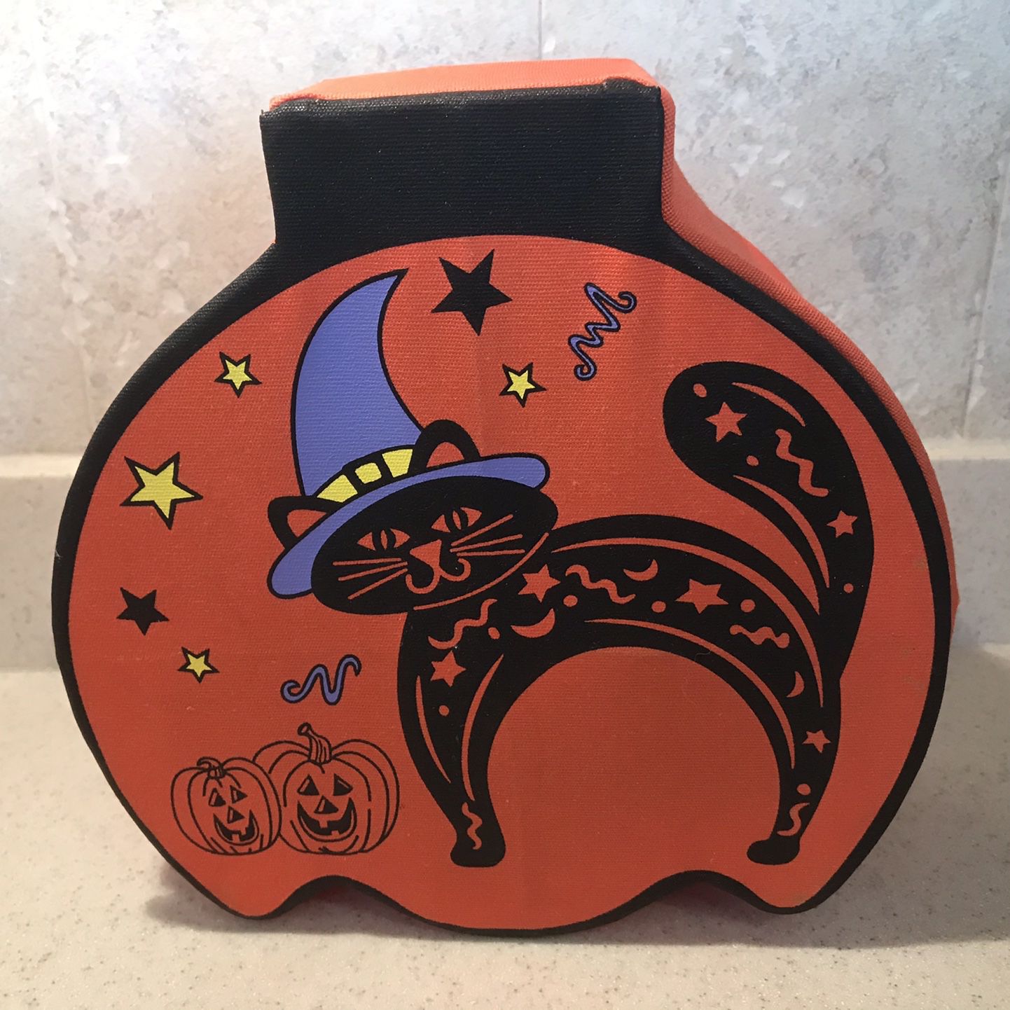 PartyLite Halloween Fabric Decor Pumpkin With Black Cat Design