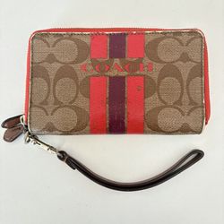 Coach Varsity Stripe Wallet Signature Canvas Logo Print Red
