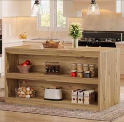 YT0036 59-Inch Kitchen Island with Storage, 3-Tier Farmhouse Stationary Island Table with Large Worktop & Seating Area, Rectangular Breakfast Counter 