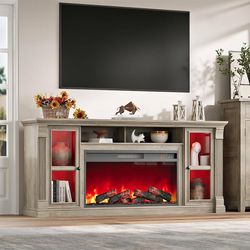 70'' Farmhouse TV Stand for TVs Up to 80'' with 36'' Electric Fireplace LED Lights,Gray