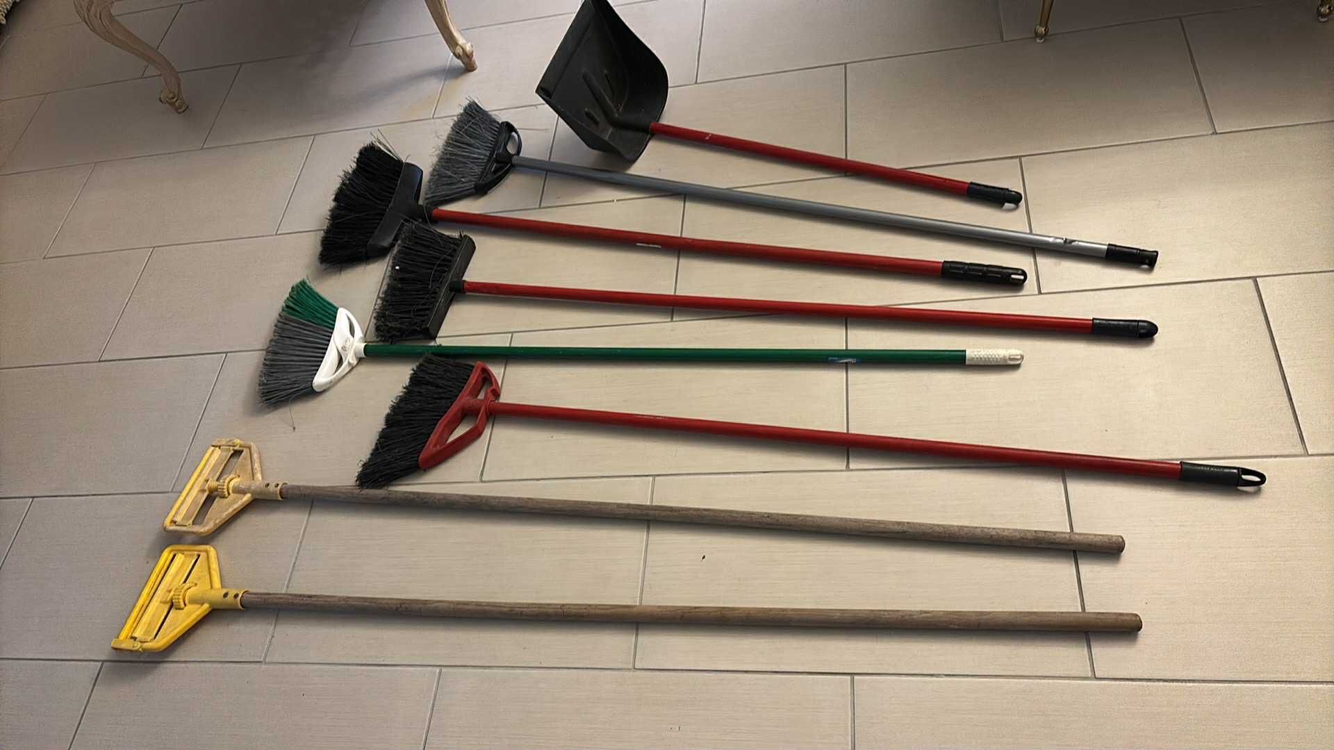 Garbage Collector, 5 Brooms And 2 Mop Handle All For $6