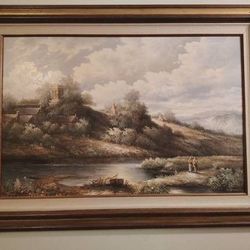 45×33 Senior Couple Boat Fishing VTG Lake Landscape Painting Signed J. Gerard