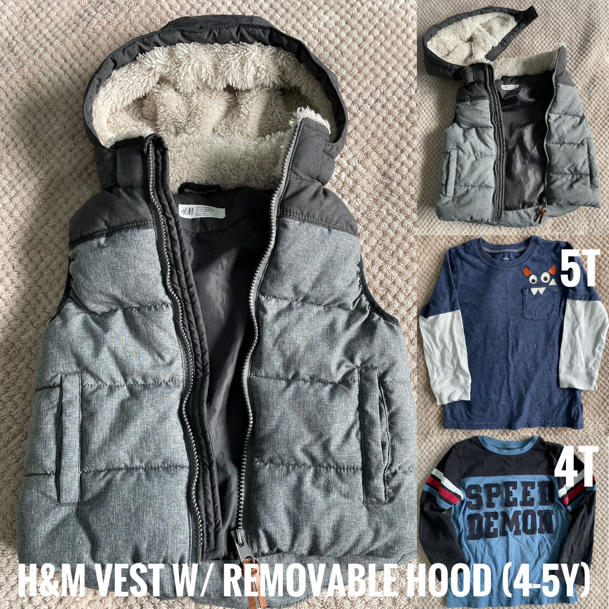 H&M Kids’ Puffer Vest with Sherpa lined Removable Hood(4-5Y) W/ 2 Bonus Long Sleeve Ts