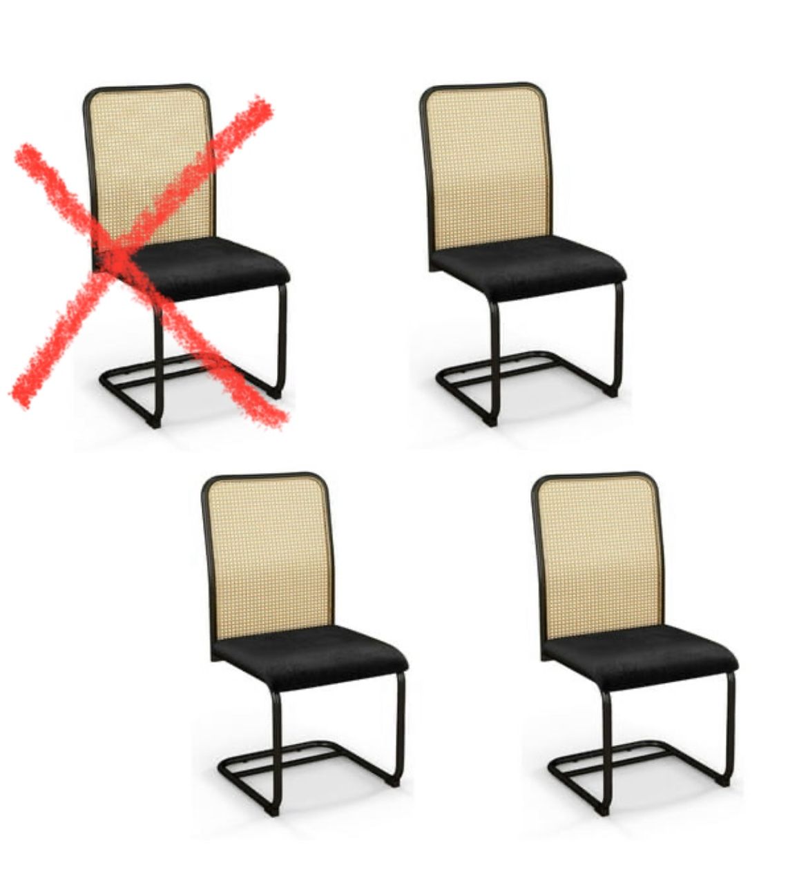 Set Of 3, Black Velvet Dining Chairs With Rattan Back 