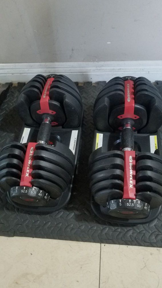 ( EXERCISE FITNESS 365 ) EXELLENT CONDITION PAIR OF BOWFLEX 52.5 ADJUSTABLE DUMBBELLS. GO FROM 5 LBS TO 52.5 IN A MATTER OF SECONDS