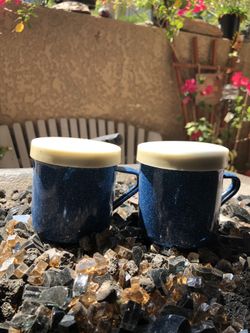 Vintage Blue Speckled Enamel Mugs Shakers 