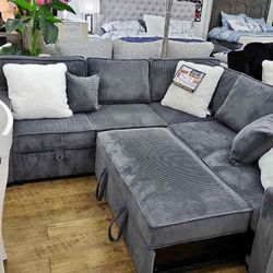 Sectional Sofa W/ Pull- Out Bed & Storage Dark Grey