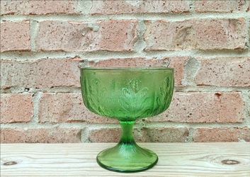Vintage Embossed Leaf Green Glass Compote