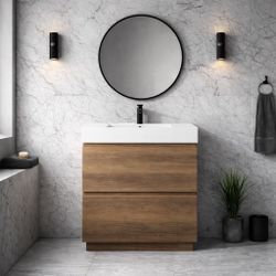 30” Single Sink Freestanding Soft Closing Bath Vanity in Brown Oak with White Resin Top [NEW] **Assembly Req** 