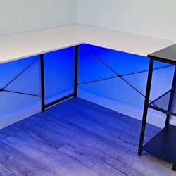 White Corner Desk With Storage Shelf And LED Lights