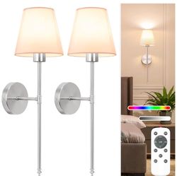 Battery Operated Wall Sconce Set of 2,Brushed Nickel Rechargeable Wall Lights with 10400mAh Dimmable Detachable Bulbs and Remote, 10 Colors Wireless S