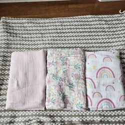 3 Swaddle Blankets - Pink, Floral, Rainbow Patterns