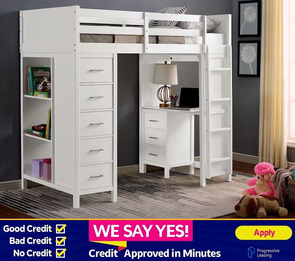 FINANCE TODAY! - Cassidy White Finish Twin Size Loft Bed With Desk