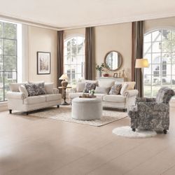 4-Pieces Chesterfield Couch Set Chenille Sofa Loveseat and Flora Armchair Living Room Set with Storage Coffee Table