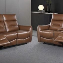 Brand New Brown Leather Power Reclining Sofa & Loveseat 