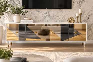 96” Luxury Mirrored Credenza / Media Console – White, Gold & Smoked Mirror