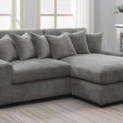 Brand New Grey Super Plush Corduroy Sectional Sofa (Pillows Included)