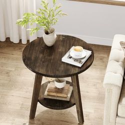 New assembled Solid Wood Round End Table, Farmhouse Sofa Side Table with Storage Shelf