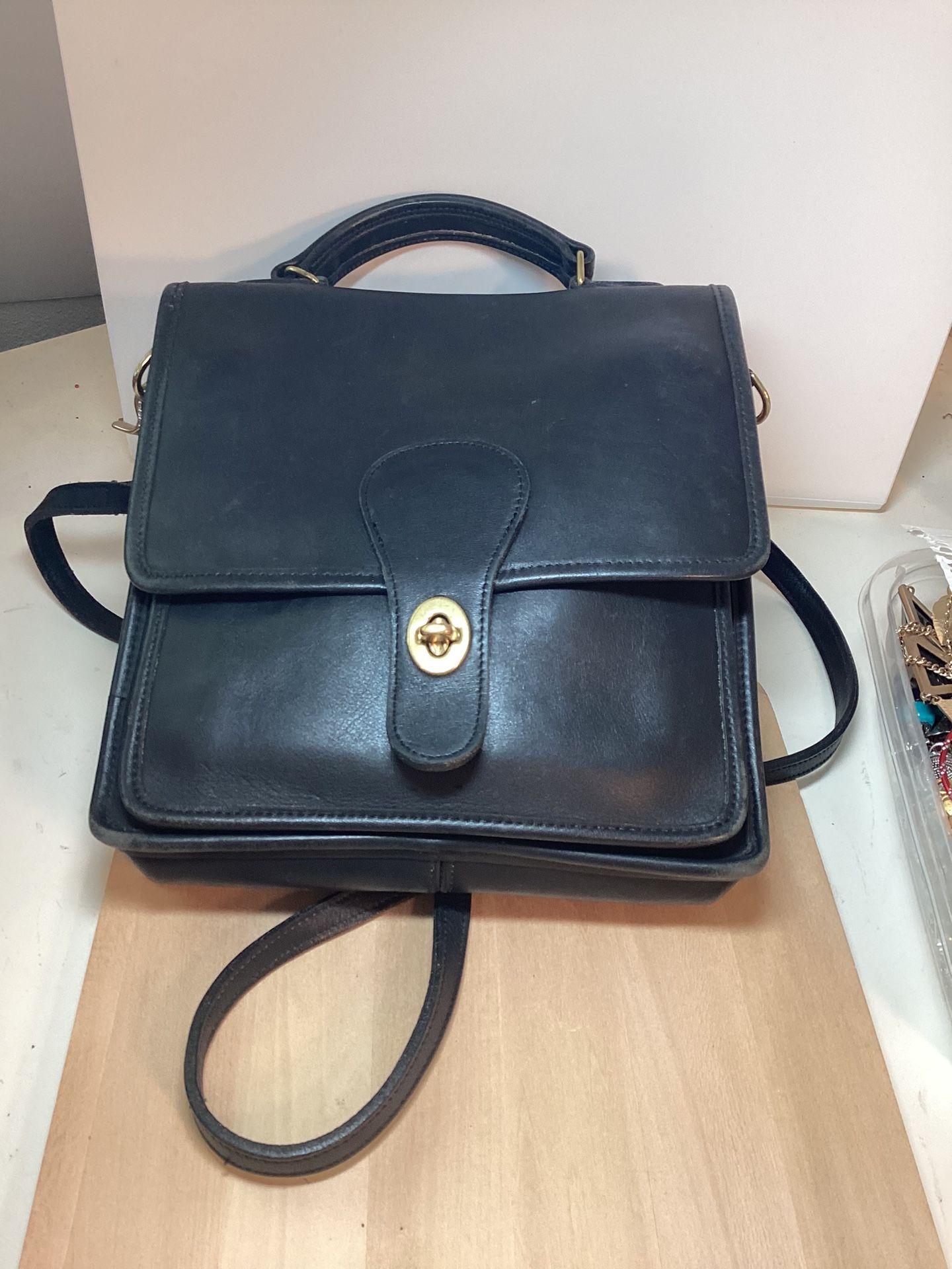 Vintage Coach Black Leather Station Crossbody Bag With Coach Tag 1980s