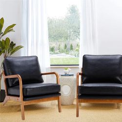 Set Of 2 - Modern Wooden Armchairs w/ Black PU Leather Cushions [NEW IN BOX] *^Assembly Required^ 