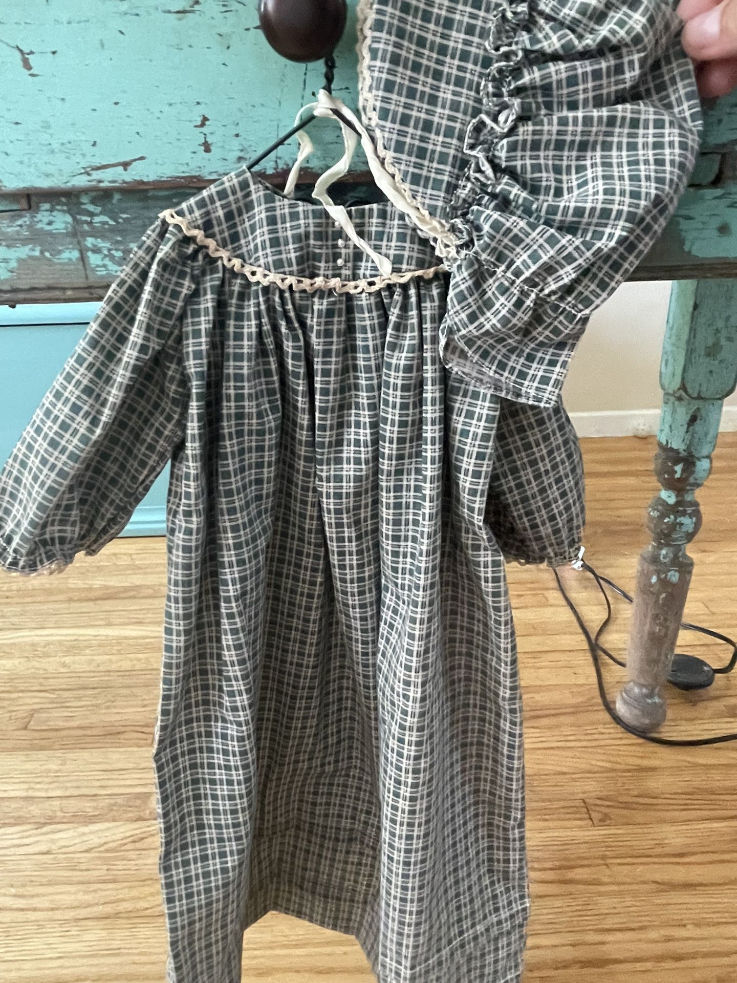 Vintage Gingham Seemingly Handmade dolls Dress & Bonnet & Hanger  