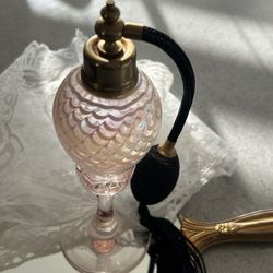 Vintage Art Glass Perfume Bottle Atomizer — Iridescent Feather Design — Height 8"