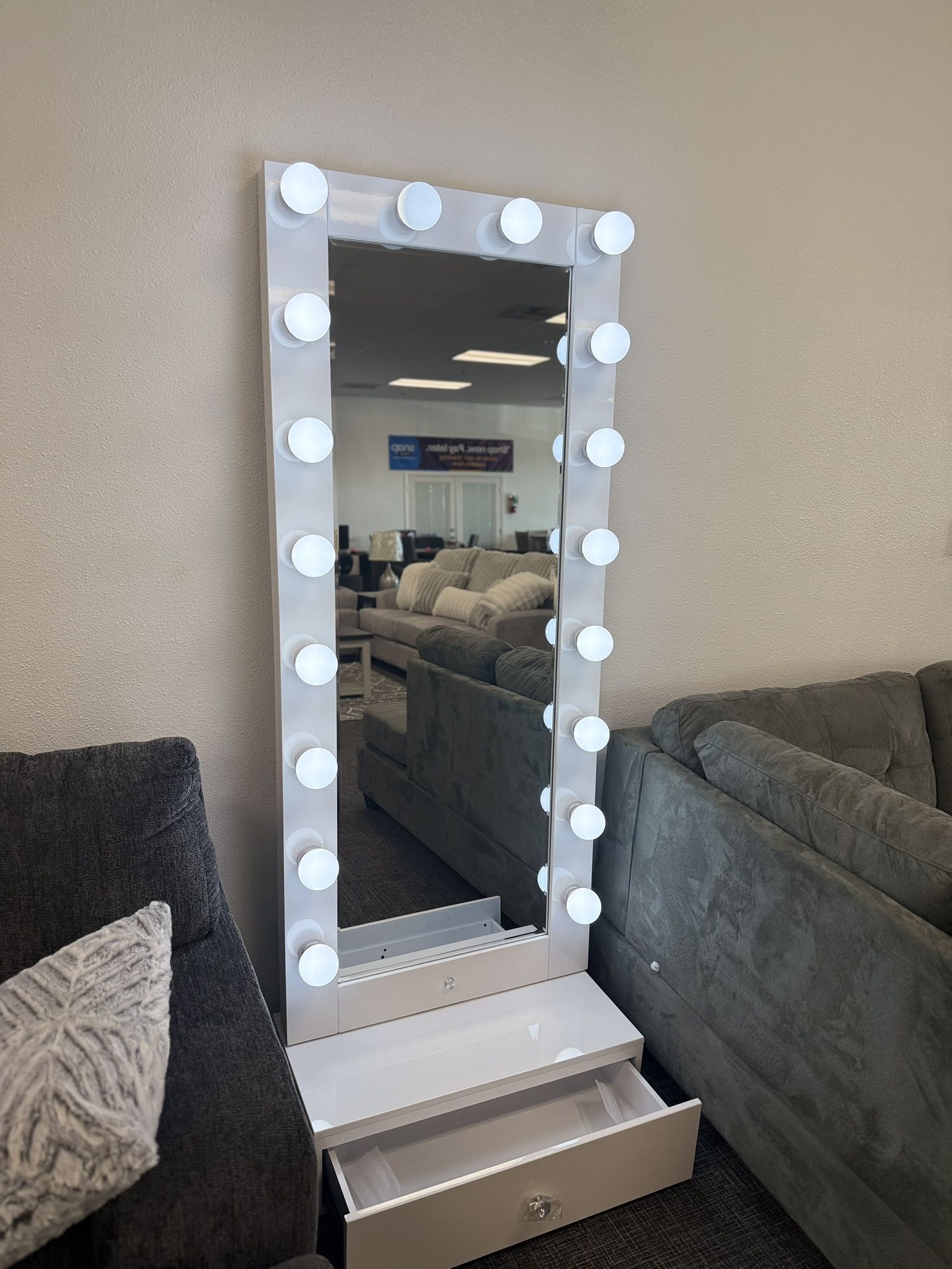 White Body Vanity Mirror W/ Bottom Storage- EZ $10 Down Payment Options Available