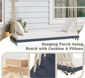 New in Box Patio Wooden Swing Chair, Acacia Wood Hanging Porch Swing Bench with Cushion and 2 Pillow