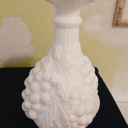 Vintage Milk Glass Vase Decanter Grapes Leaves Pattern Embossed Ruffled Rim
