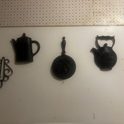 Cast Iron Wall Decor Set Teapot Coffee Pot Skillet Scroll Design