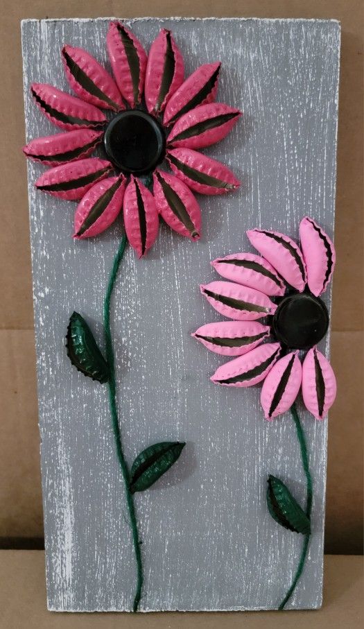 Bottle Cap Floral Art, Pink Flowers