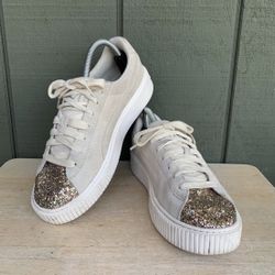 Women’s Size 10 - Puma Basket Platform Glitter Trainers Silver EU 41 UK 7.5