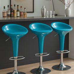 Set of 3 Modern Adjustable Bar Stools – Turquoise Acrylic + Chrome Base