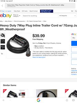 Heavy Duty 7Way Plug Inline Trailer Cord w/ 7Gang Junction Box 8ft ,Weatherproof