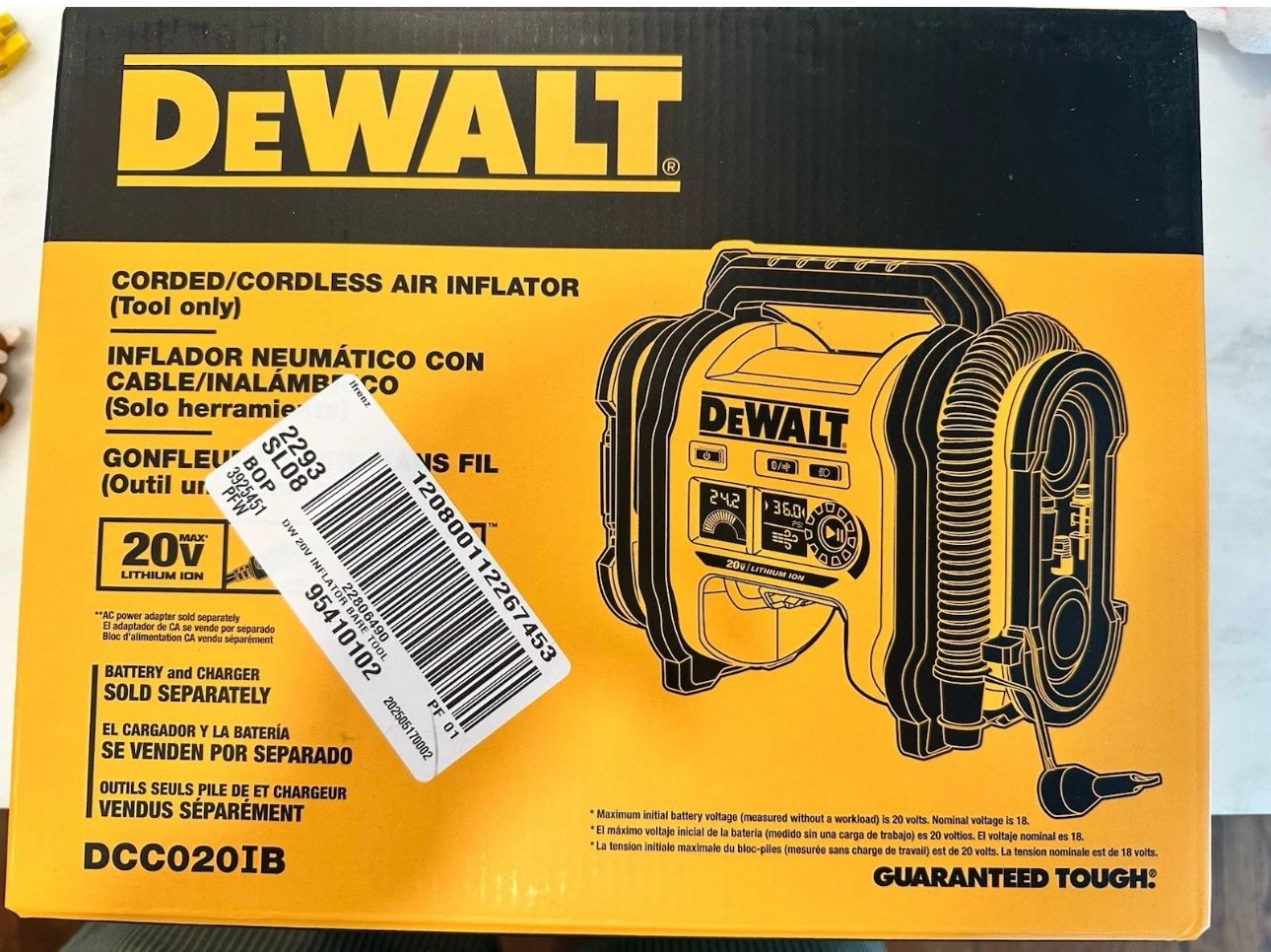 DeWALT DCC020IB 20V MAX Air Inflator – Corded/Cordless – LED Light – NEW