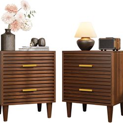 Nightstands Set of 2, Mid Century Modern Night Stands, Fluted Bedside Table for Bedroom, Side End Table with Storage Drawers, Vintage Wood Accent Tabl