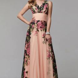 Glamorous V-Neck Floral A-Line, Pleated Empire Waist, Large Swing Elegant Prom Party Floor Length Maxi Dress