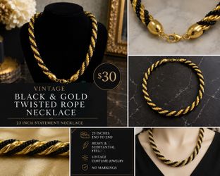 Vintage 23-Inch Black & Gold Twisted Rope Statement Necklace