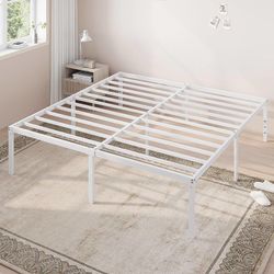 King Size Bed Frame, 18 Inch Metal Beds with Storage Space, White
