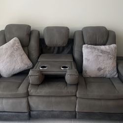 Gray Power Reclining Sofa – 3 Seater with Cup Holders