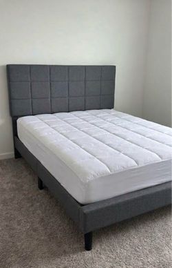Gray Upholstered Platform Bed Frame with Headboard and mattress