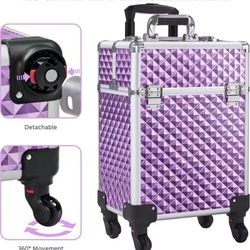 Rolling Makeup Train Case Professional Aluminum Cosmetic Case Large Storage Makeup Trolley with 4 Detachable Removable Wheels, 4 Trays and 1 Cubby wit