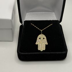 14K Gold Diamond HAMSA Hand Pendant