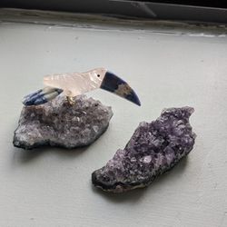 Quartz and Sodalite Toucan On Raw Amethyst 