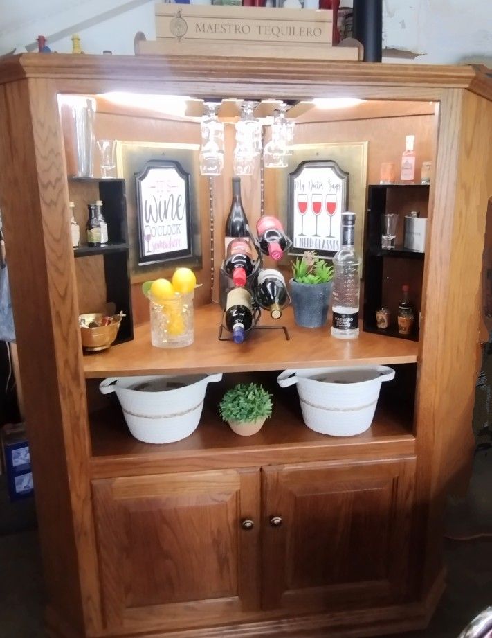 Corner Oak Bar Cabinet