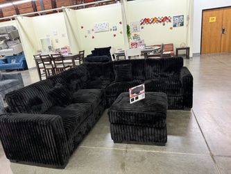 Black Ribbed Fabric Sectional Sofa with Ottoman