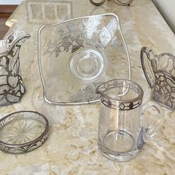 5 Piece Collection of Vintage Art Nouveau Clear Glass w Silver Overlay Pieces 