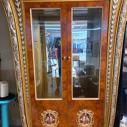 Luxury French baroque gold and wood cabinet with glass shelves included