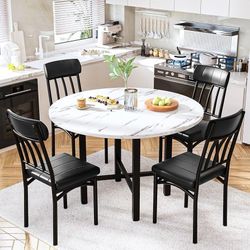 Round Dining Table Set for 4,Faux Marble Circle Dining Table Set with Chairs,Modern Kitchen Table and Chairs Set for 4,Round Dinner Table & Chair Set 