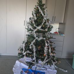 6foot Tall Prelit Artificial Christmas Tree With Stand, Silver Tinsel Garland & Christmas Tree Skirt